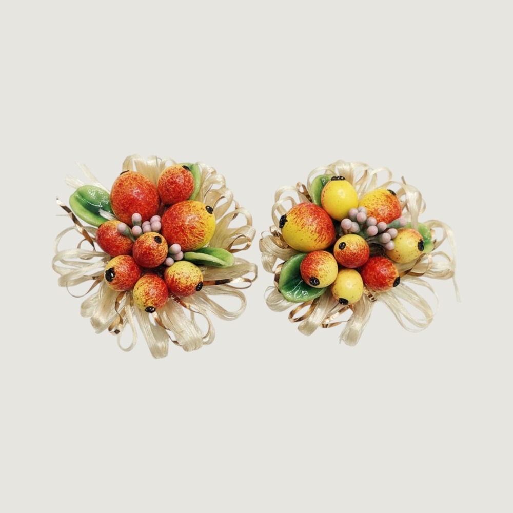 Vintage Fruit Cluster Clip On Earrings West Germany Carmen Miranda Style 1.5in